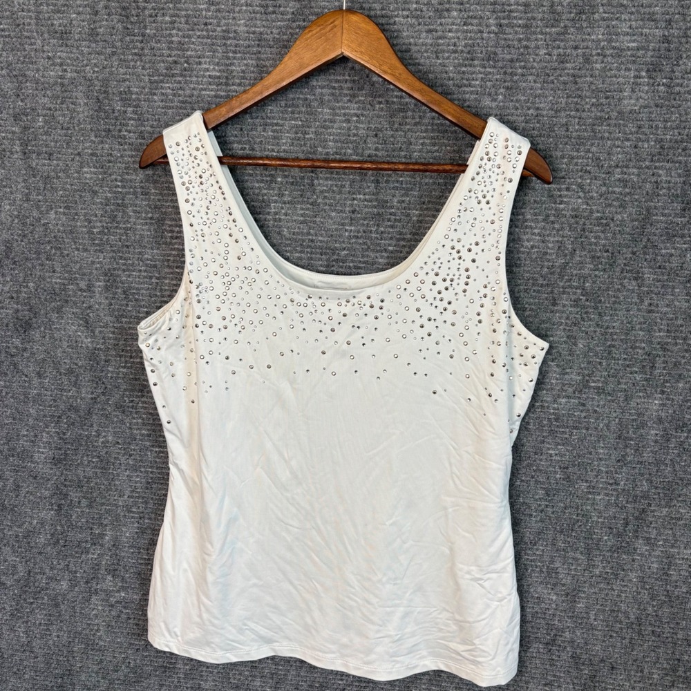 Cache White Rhinestone Embellished Tank Top Y2K Glam Stretch Sleeveless XL